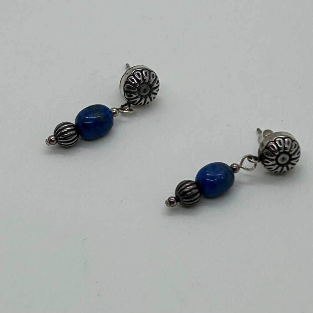 Carolyn Pollack Sterling Silver Pierced Earrings Vintage Lapis Bead Dangle Y2K